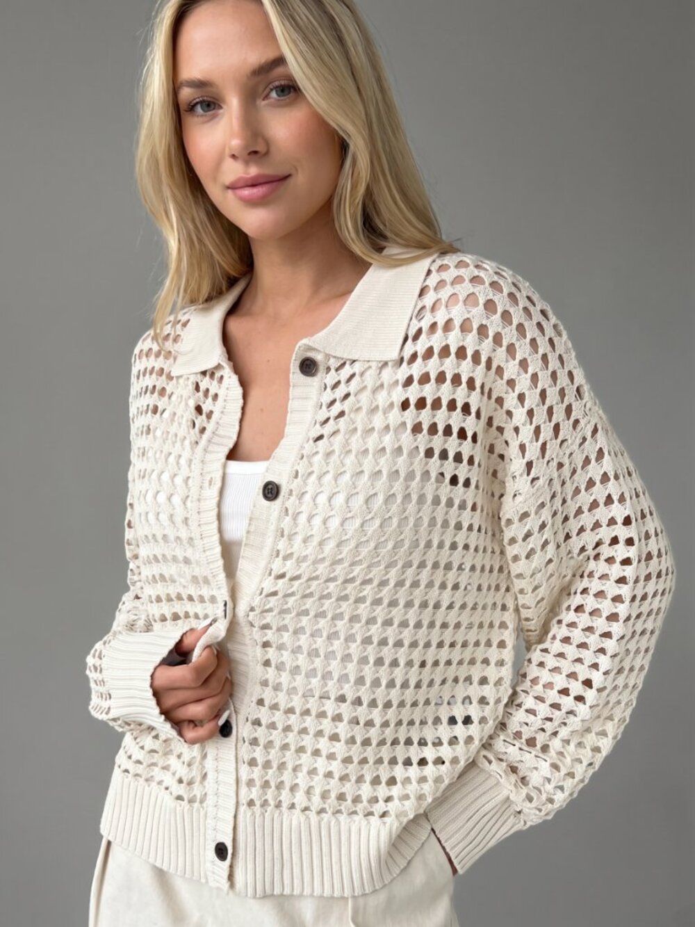 Women Hollow Out Knit Cardigan Button Front Lightweight Boho Sweater Top